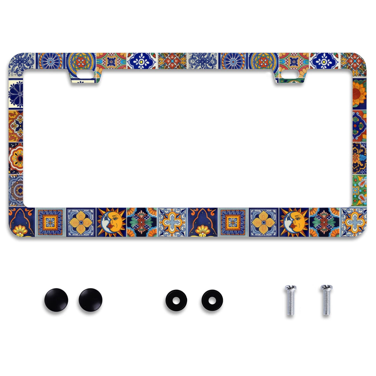 Personalise Mexican Tiles License Plate Frames Mandala Boho License Plate Frame Car Universal Stainless Steel Accessories Cars Decorative 2 Holes Screws Fits Standard Us Vehicles Size 12.2 X 6 Inches