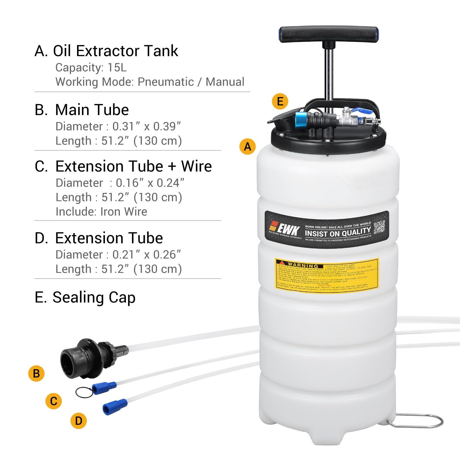 EWK 15L Pneumatic/Manual Oil Extractor Pump - Fluid Evacuator for Cars, Trucks & Machinery - Model EB0244, Durable PP Material