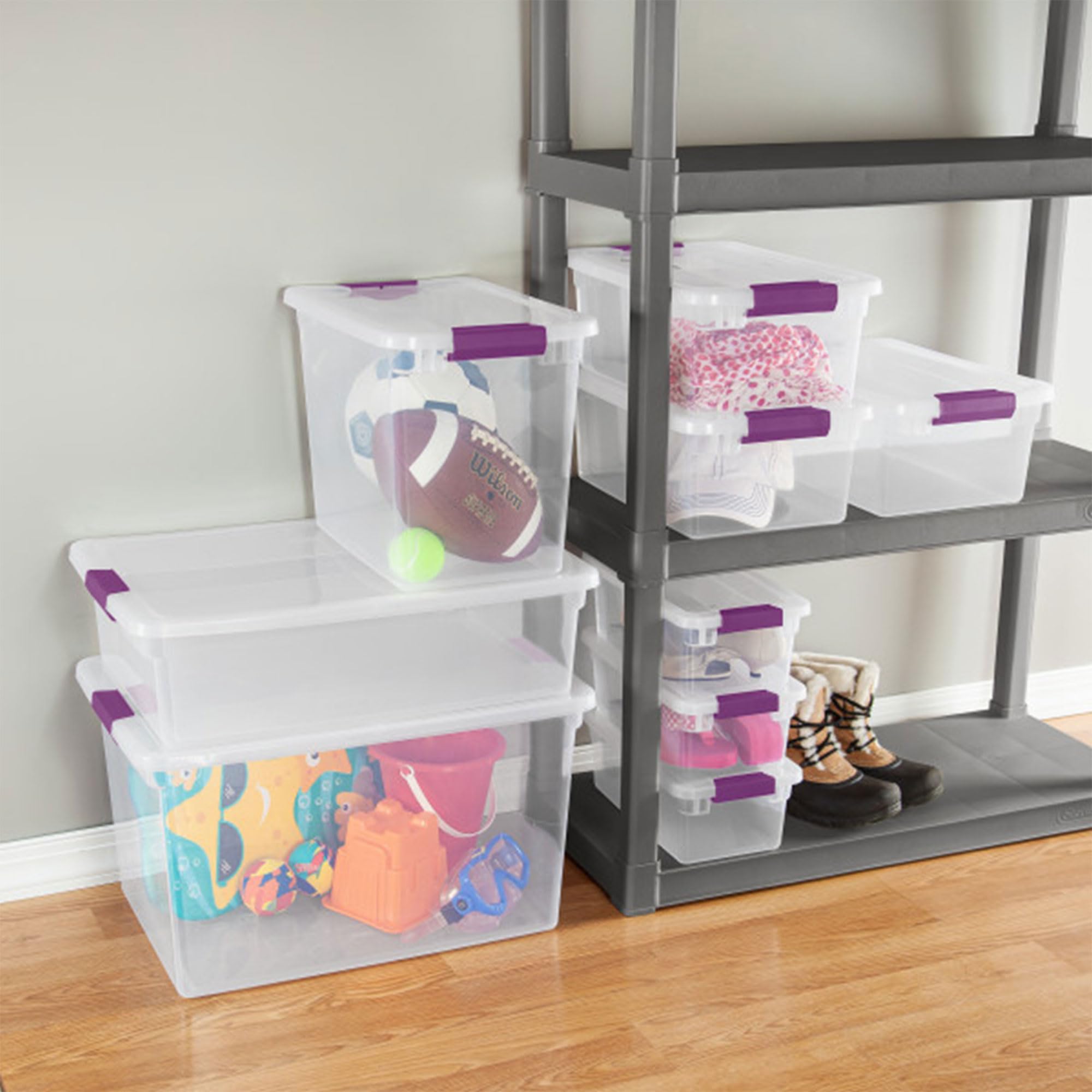 Sterilite Large Clip Box, Stackable Small Storage Bin With Latching Lid, Plastic Container To Organize Paper, Office, Clear Base