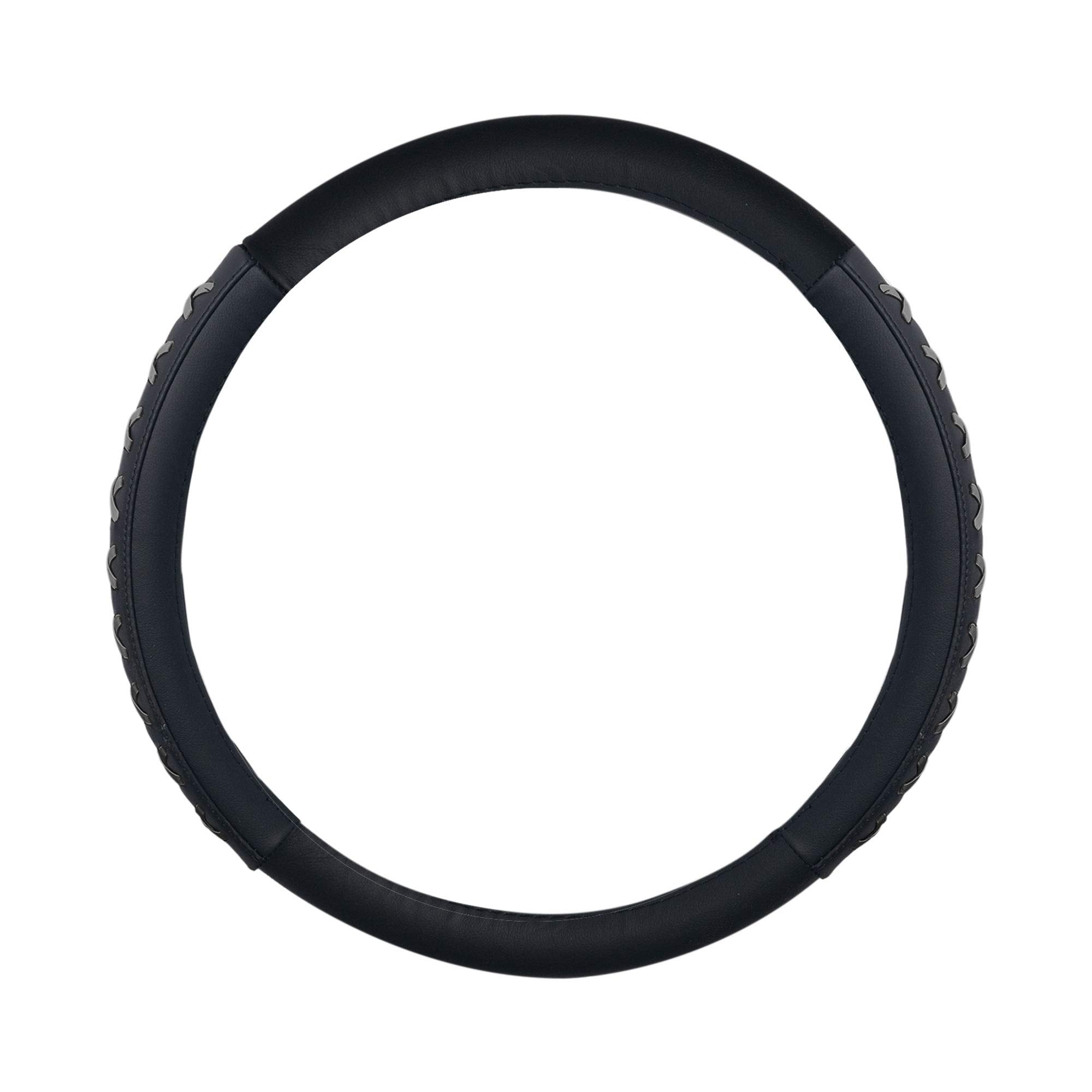Fh Group Universal Fit 15 Inch Genuine Leather With Lace-Up Detailing Steering Wheel Cover Fits Most Cars, Suvs, And Trucks Gray