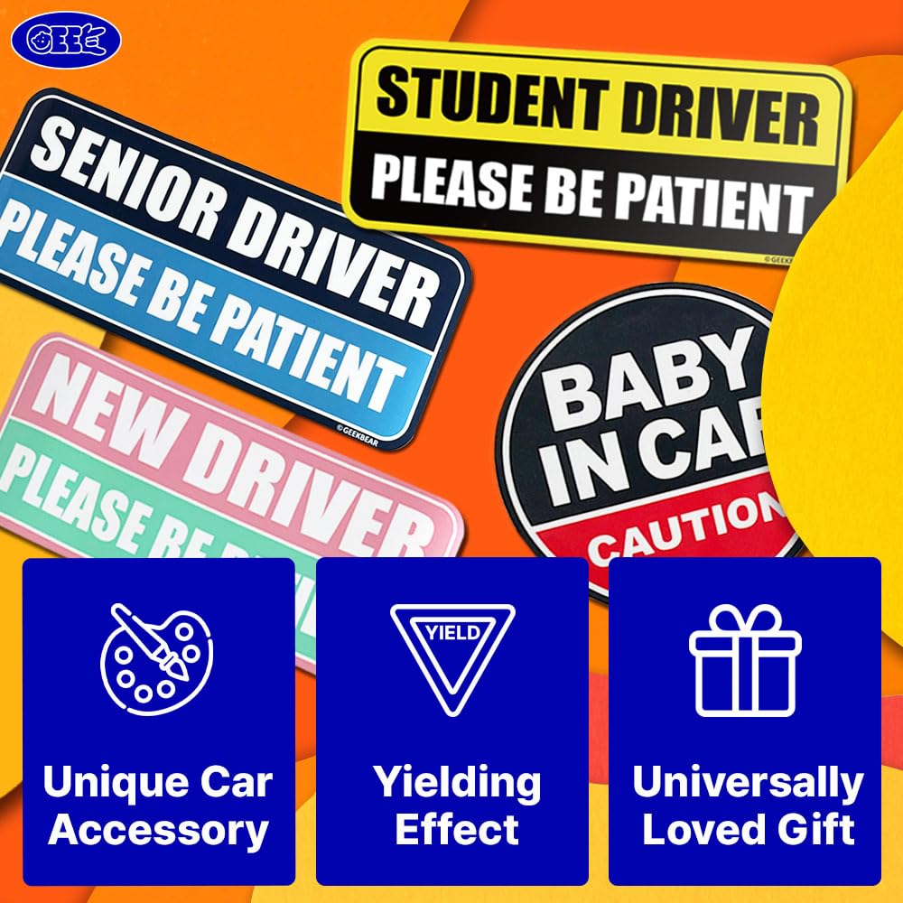 Geekbear Student Driver Car Magnet - Colorful, Reflective, Weather-Resistant - Rectangular 8.7 X 3.5 In (Yellow/Black)