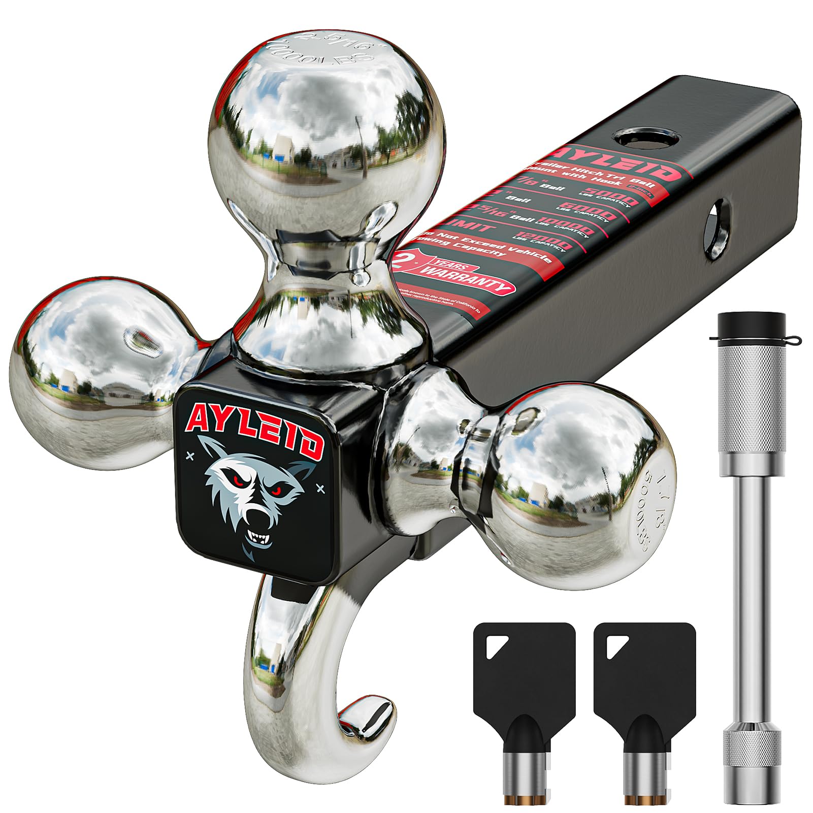 Ayleid Trailer Hitch Tri-Ball Mount With Hook & Pin Balls Sized 1-7/8 , 2 & 2-5/16 Inches , Tow Hitch With Anti-Theft Locking Pi
