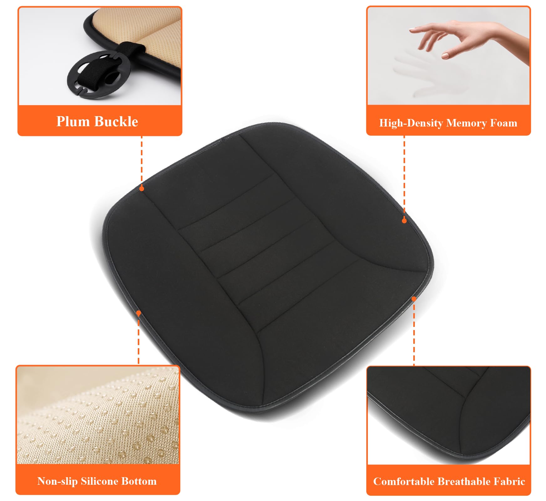 Kingphenix Car Seat Cushion With 1.2Inch Comfort Memory Foam, Seat Cushion For Car And Office Chair (Black)
