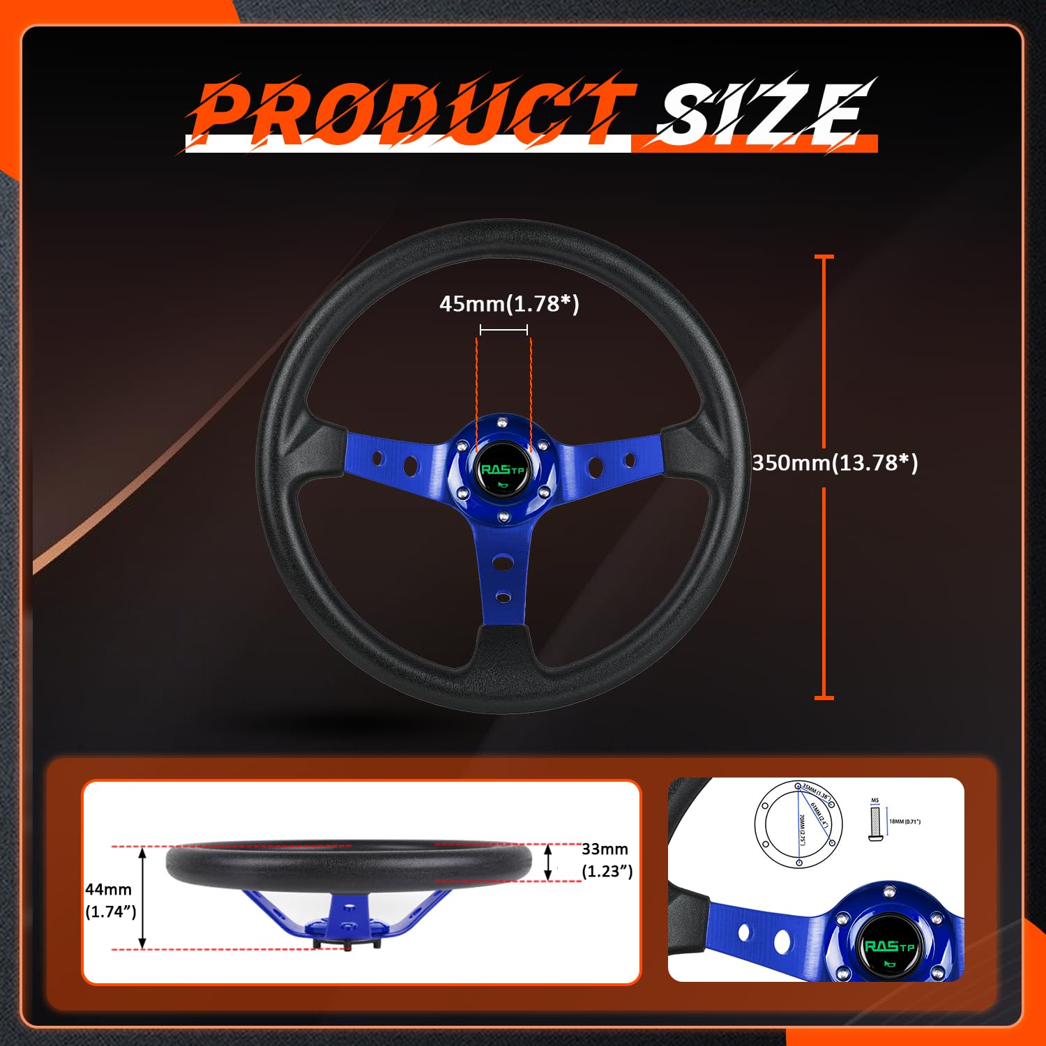 RASTP Universal Racing Steering Wheel 13.8" Blue Vinyl Leather & Aluminum, Drifting Deep Dish, Model RS-STW020-TP-Blue