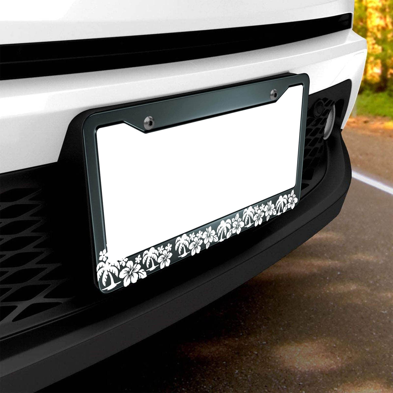 Hosnye Black And White Hibiscus License Plate Frame Metal License Plate Cover Front Plates Frames Car Tag Frame For Women Men Us Vehicles Standard