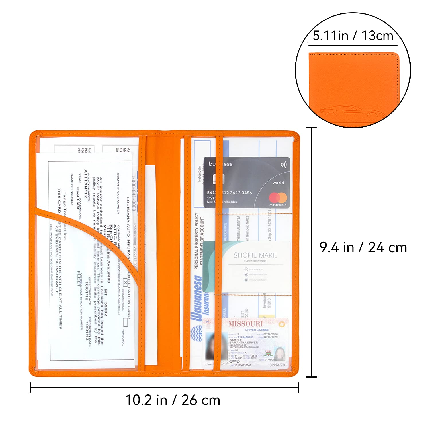Miunice Car Registration And Insurance Holder, Premium Pu Leather Vehicle Glove Box Organizer, Prefect Car Essentials Wallet For Driver License, Cards & Essential Documents (L-Orange)