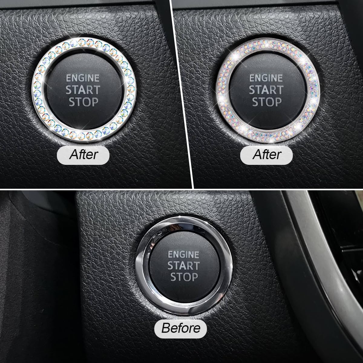 Car Bling Rhinestone Engine Start Ring Stickers, 1 Single Drainage Drill And 1 Double Drainage Drill Car Start Button Cover, Key