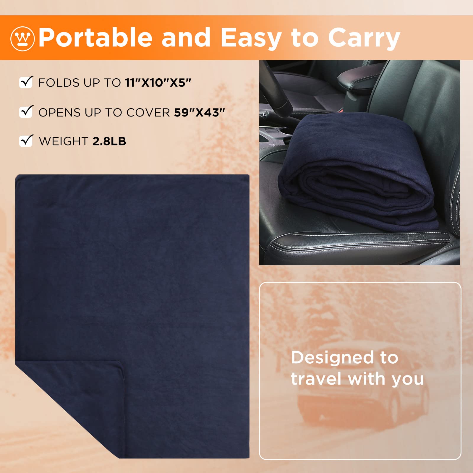 Westinghouse 12V Heated Car Blanket, Navy Portable Electric Throw, 59" x 43" for SUV, Truck, RV, Camping