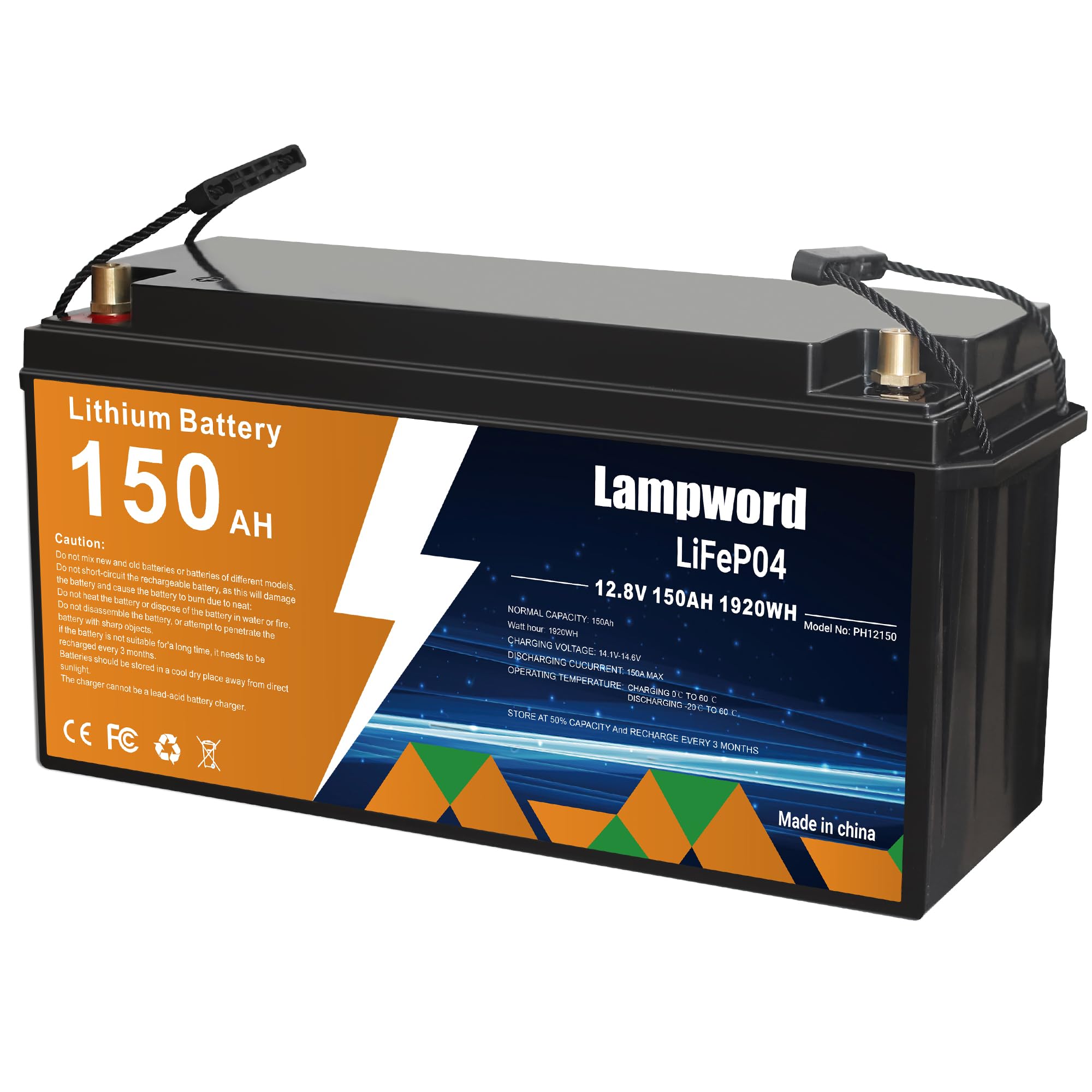 Lampword 150AH Lithium Batteries 12v 4000+ Deep Cycle Lifepo4 Battery for Marine/Rv/Golf cart/Trolling Motor/Power Wheels/UPS 12