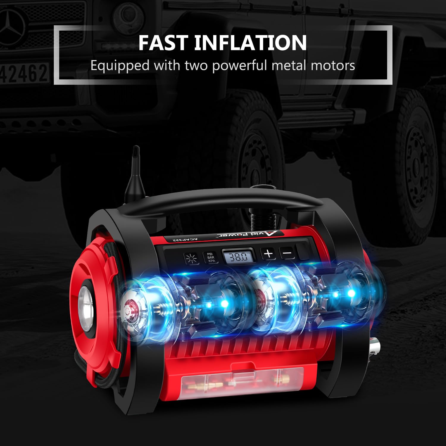 AVID POWER Portable Tire Inflator, 12V DC / 120V AC, Dual Motors, Digital Gauge, Model ACAP322, Red