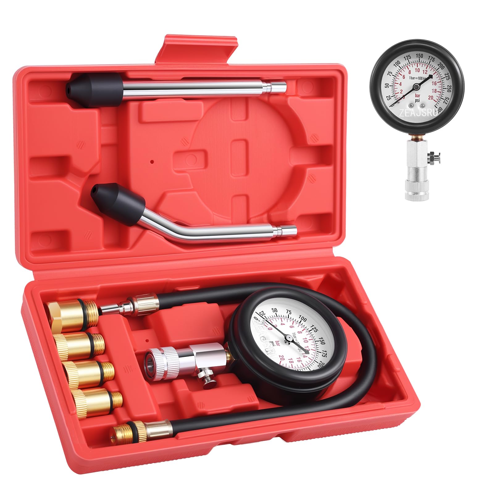 ZEAJSRU Engine Compression Tester Kit 8PCS, 0-300 PSI Cylinder Pressure Test Tool for Gasoline Engines on Cars, Motorcycles, ATV