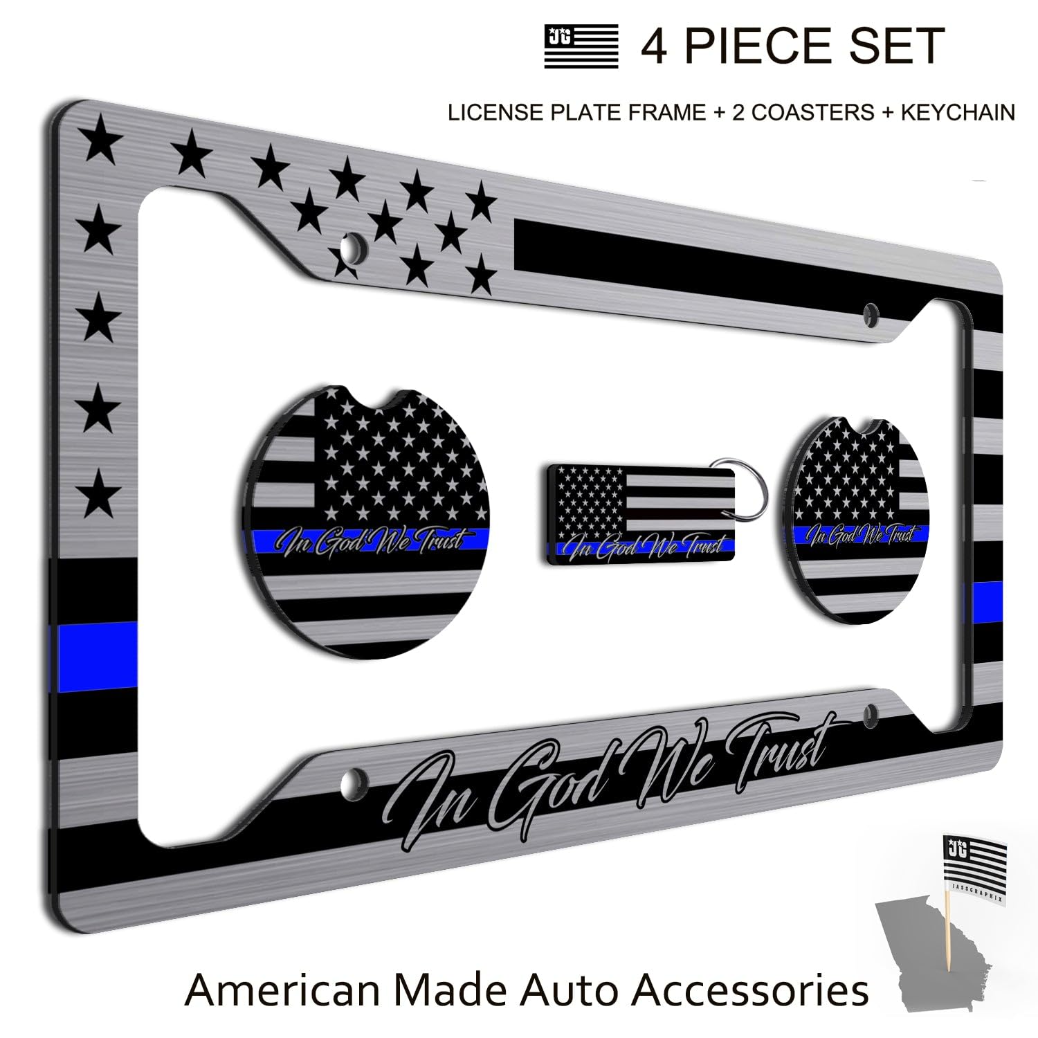 American Flag In God We Trust License Plate Frame + Blue Line Coasters + Keychain - Perfect For God And Country Lovers - Tactica