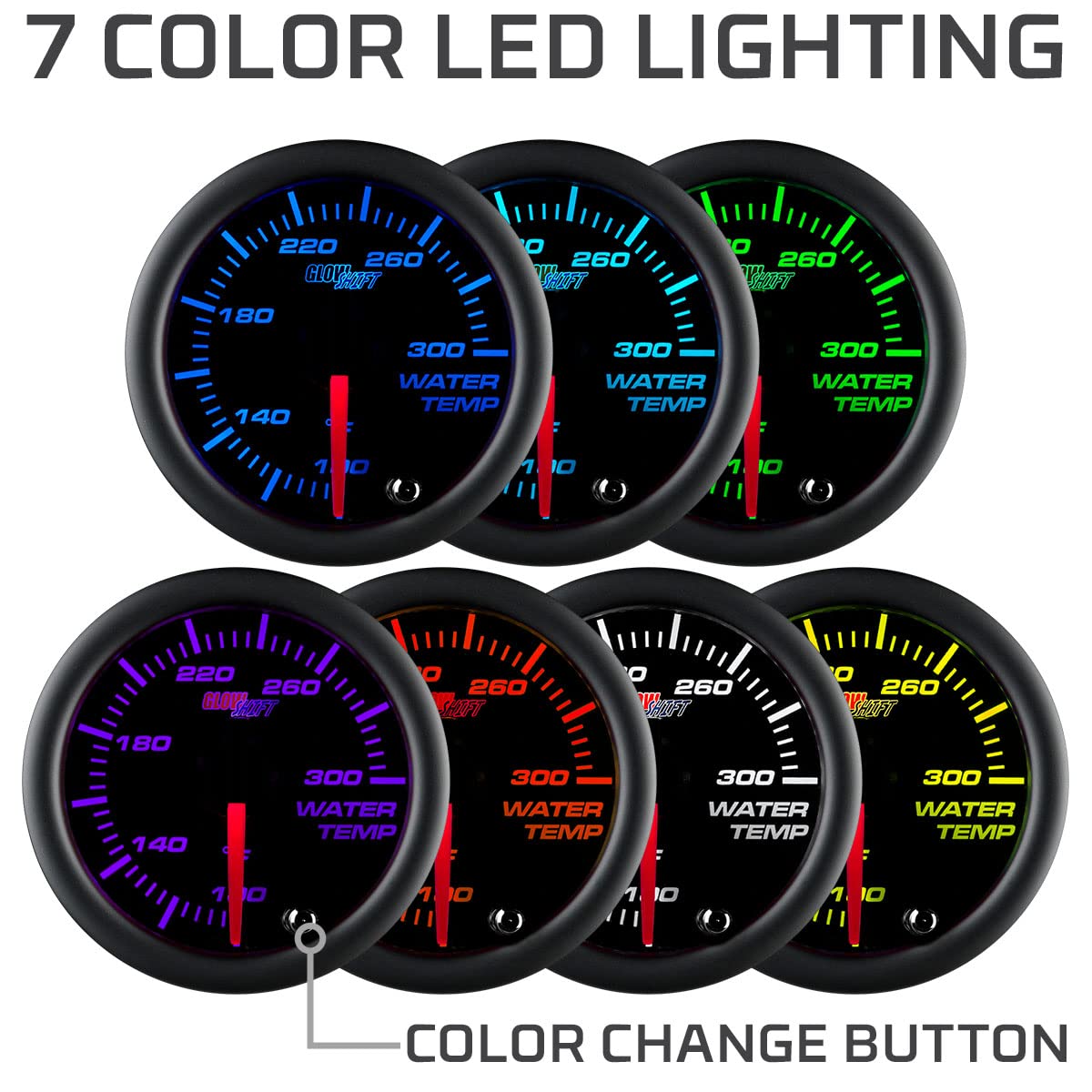 Glowshift Tinted 7 Color 300F Water Coolant Temperature Gauge Kit - Includes 1/8-27 Npt Electronic Sensor & Wiring - Multi-Color