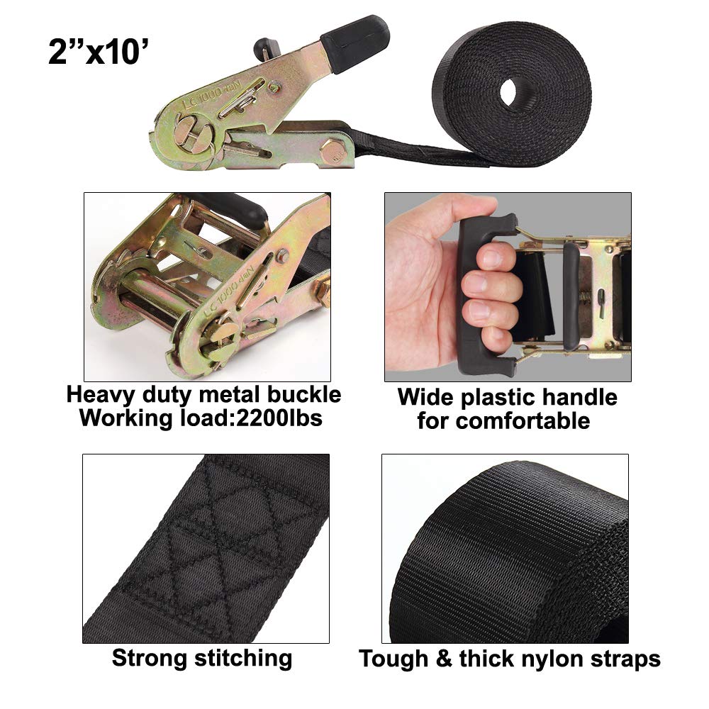 Endless Ratchet Tie Down Straps Heavy Duty Cargo Tie Downs, Durable Nylon Black Strap Down Ratcheting Securing Straps, Track Spring Fittings, Tie-Down Motorcycles, Trailer Loads, Kayak (10'X2-2Pack)
