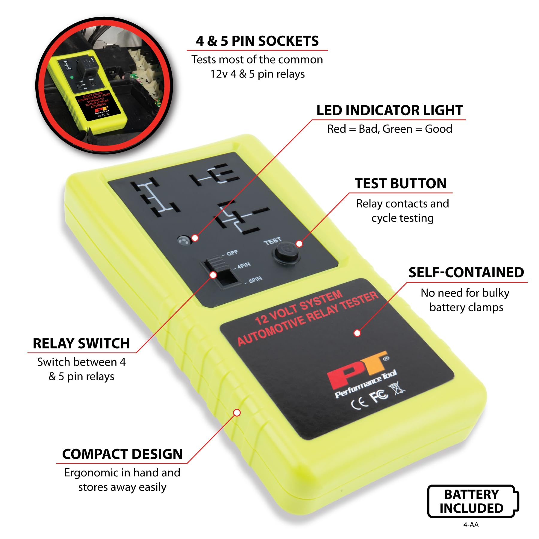Performance Tool 3009 Cordless Automotive Relay Tester for 12V 4 & 5 Pin Relays - Standard Size - Green/Red