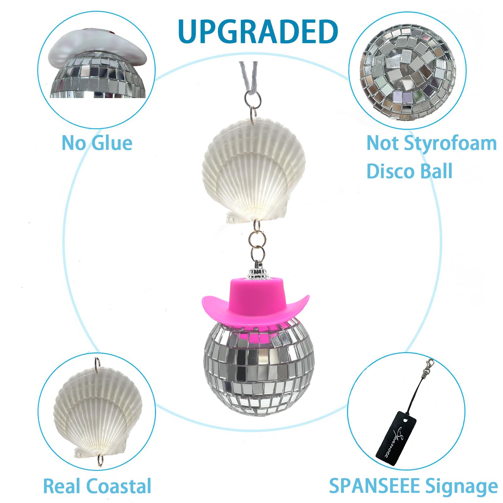 Spansee Pink Coastal Disco Ball For Car, Beach Car Accessories, Shell Car Charm, Disco Ball With Cowboy Hat, Disco Ball Car Accessory, Seashell Car Mirror Hanger, Car Mirror Hanging Accessories