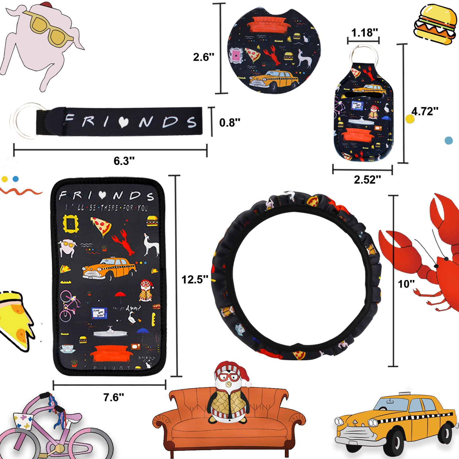 TnLnYn 12PCS Car Accessories Set - Funny TV Show Merchandise, Neoprene & Rubber Seat & Steering Wheel Covers, Universal Fit for Auto & SUV