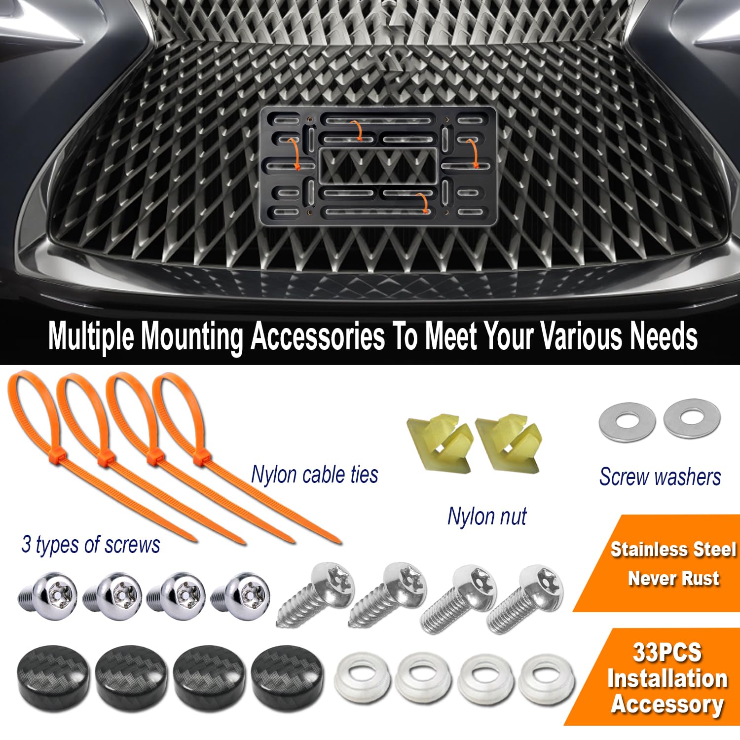 Aootf Front License Plate Bracket- Universal Front Bumper License Plate Mounting Kit, Car Tag Holder Adapter& Carbon Fiber Plate Cover, Anti-Theft Lock Screws, Caps, Nuts, For Us Vehicle Trailer Truck
