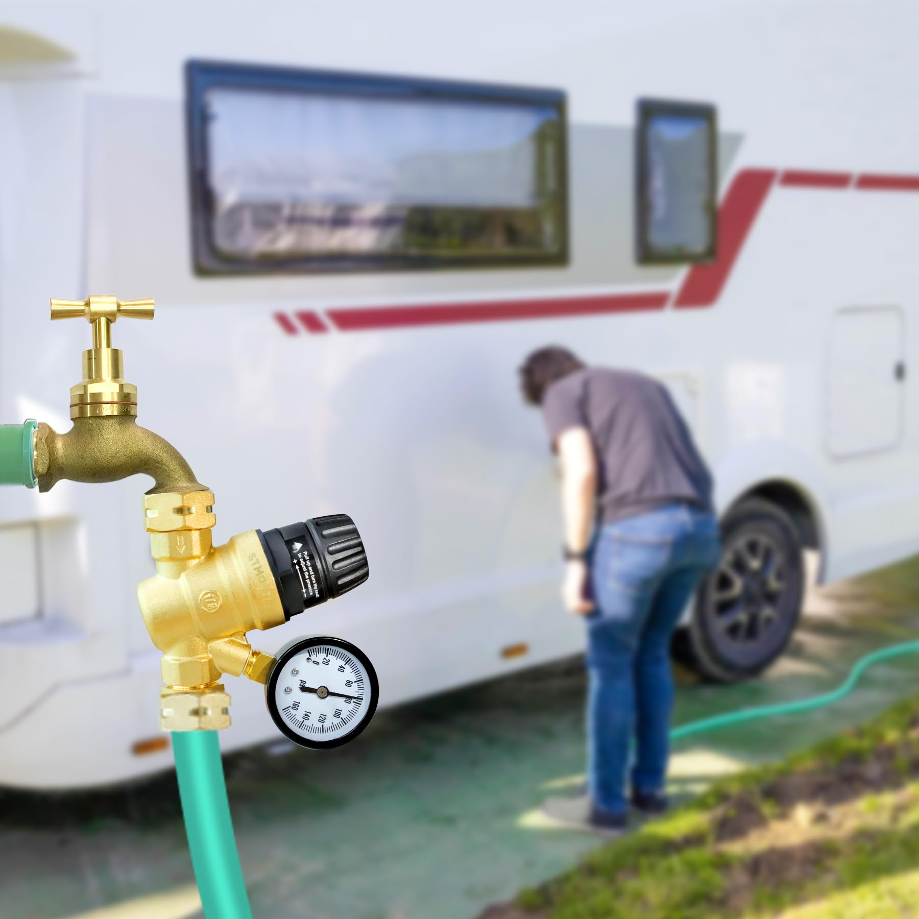Stmoutuo Rv Water Pressure Regulator For Rv Camper. Brass Lead-Free Adjustable Camper Water Pressure Regulator With 0-160 Psi Ga