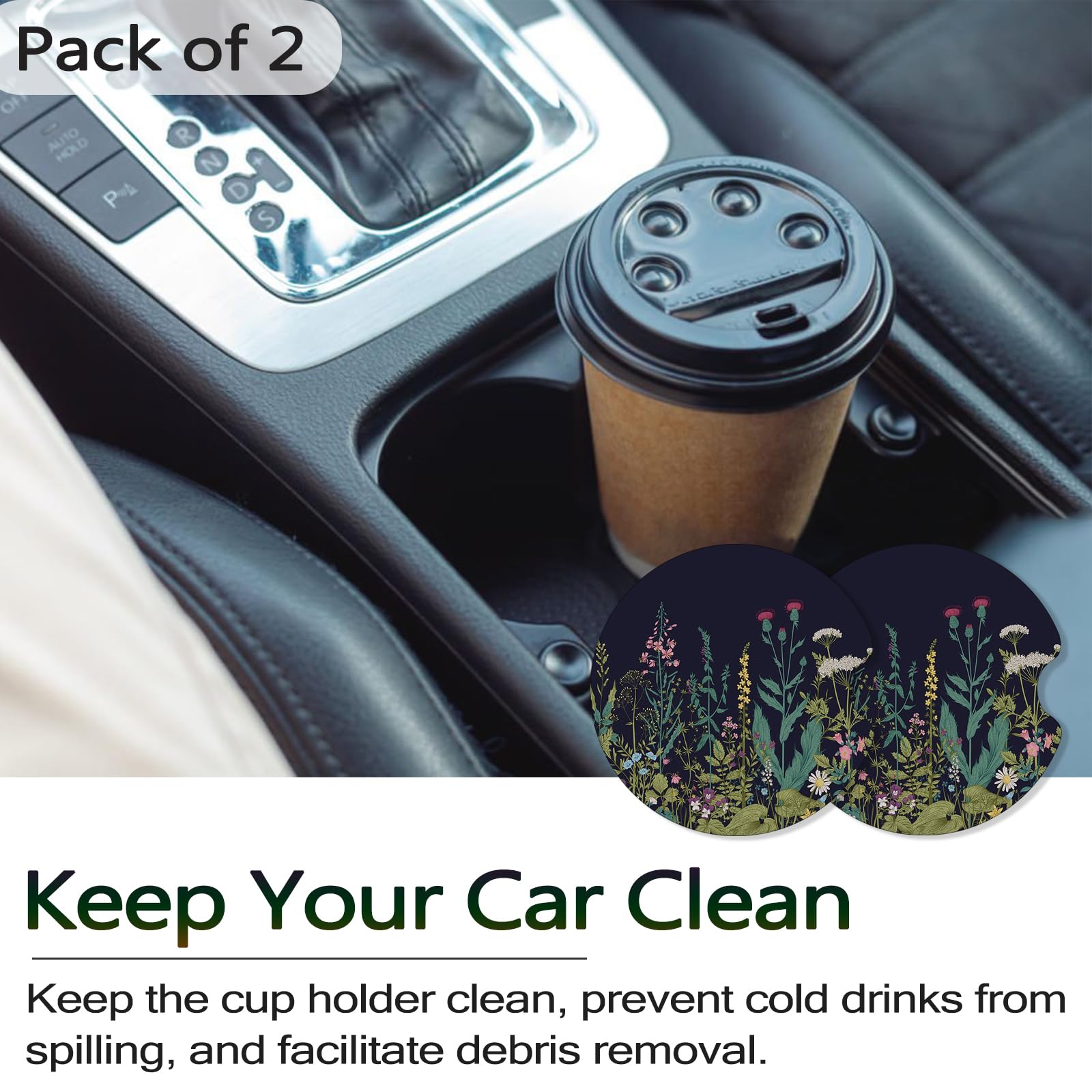 FJyuanqi Car Coasters, 2 Pack Anti Slip Universal Rubber Cup Coasters for Women & Men, Car Interior Accessories - Dandelion Vint