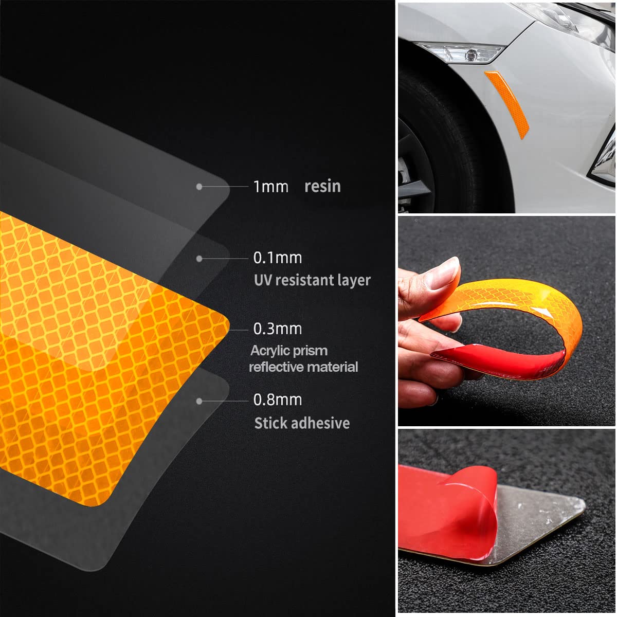 muekzru 4PCS Car Reflective Trim Stickers - Orange Epoxy Resin Reflector Guard for SUV, Truck, Wheel Well & Bumper Fenders, Model FGT-BT