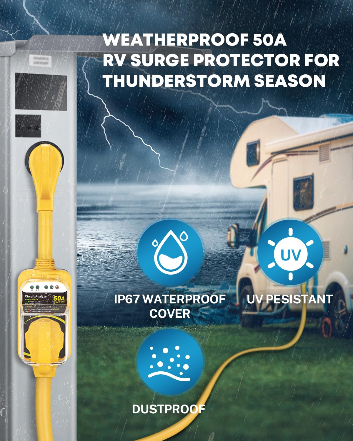 Kohree 50A RV Surge Protector - Waterproof Voltage Protection Adapter, Model KR6432, Yellow, 12000J for Travel Trailers & Campers