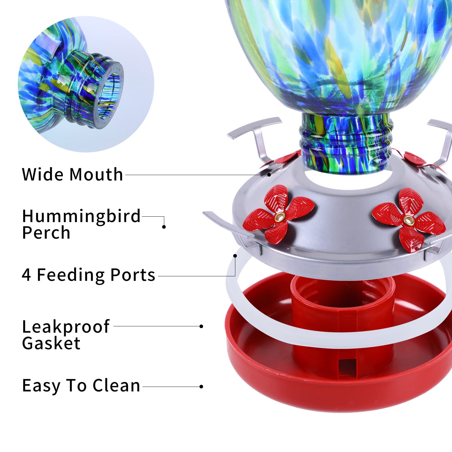 Jalamwang Hummingbird Feeder For Outdoors Hanging, 25 Ounces, Hand Blown Glass, Leak Proof Rustproof, Containing Ant Moat, For A