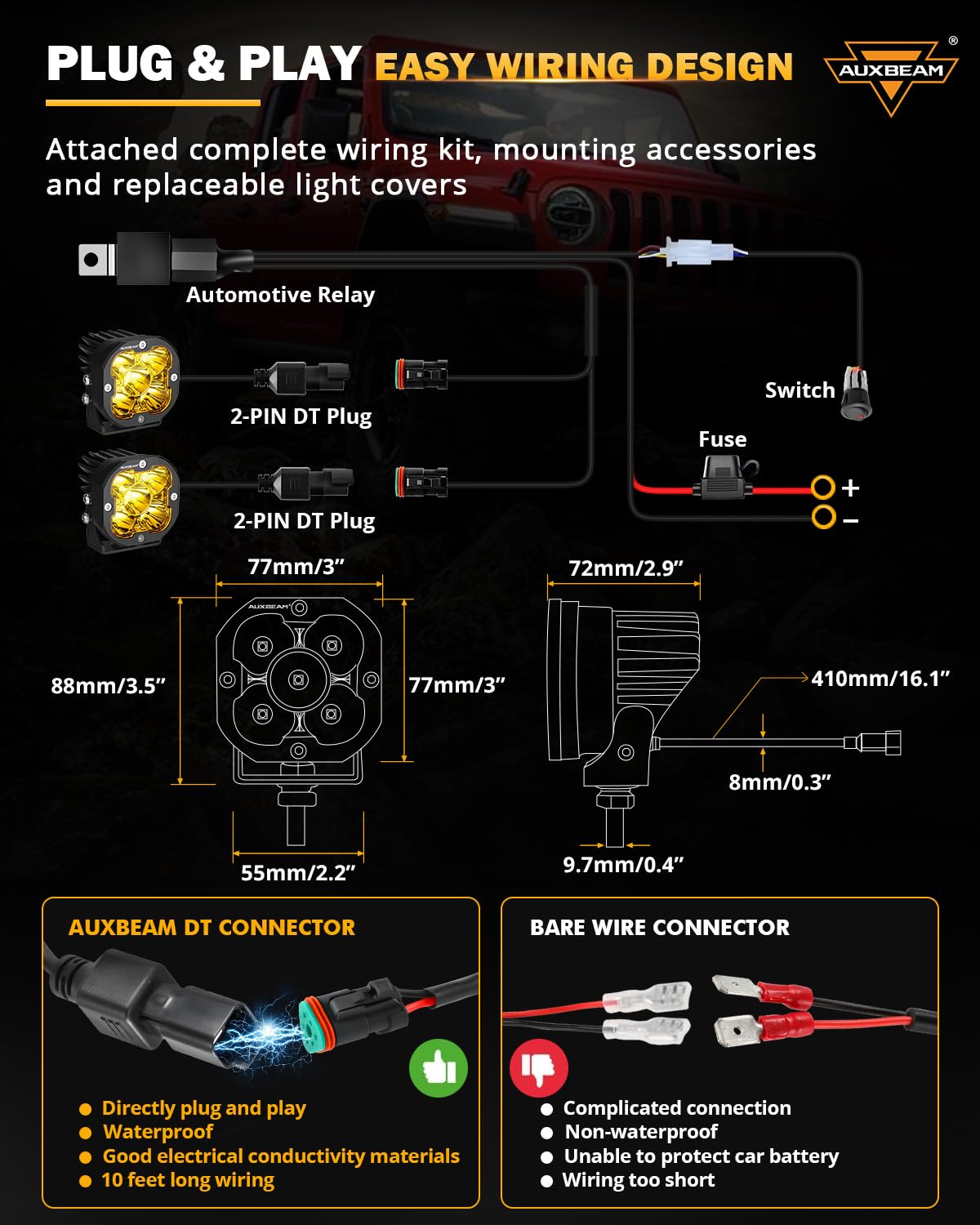 Auxbeam XP-Ultra LED Pods, 3" 80W Spot Beam Lights, 9600LM Amber & White, Aluminum, Model ZD000817-VE, Ideal for 4x