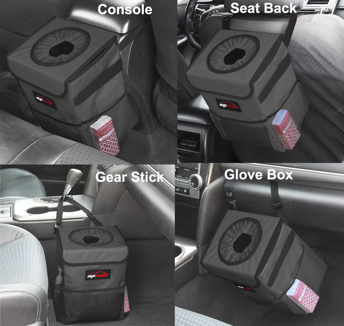 Epauto Waterproof Car Trash Can With Lid And Storage Pockets, 2.5 Gallon Leakproof, Dark Gray