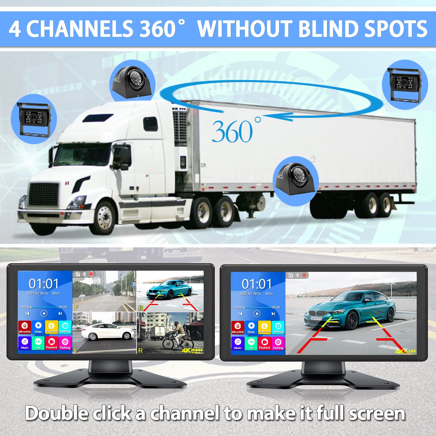DOUXURY RV Backup Camera System with 10.36" 4K Monitor & 4 HD Cameras - IP69 Waterproof, DVR Recording, Bluetooth Music Video