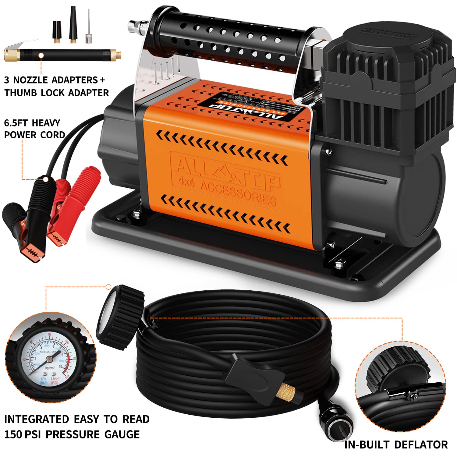 ALL-TOP 12V Portable Air Compressor Kit, 7.06CFM, 150PSI, Heavy Duty Inflator for Truck & SUV Tires, Black and Orange