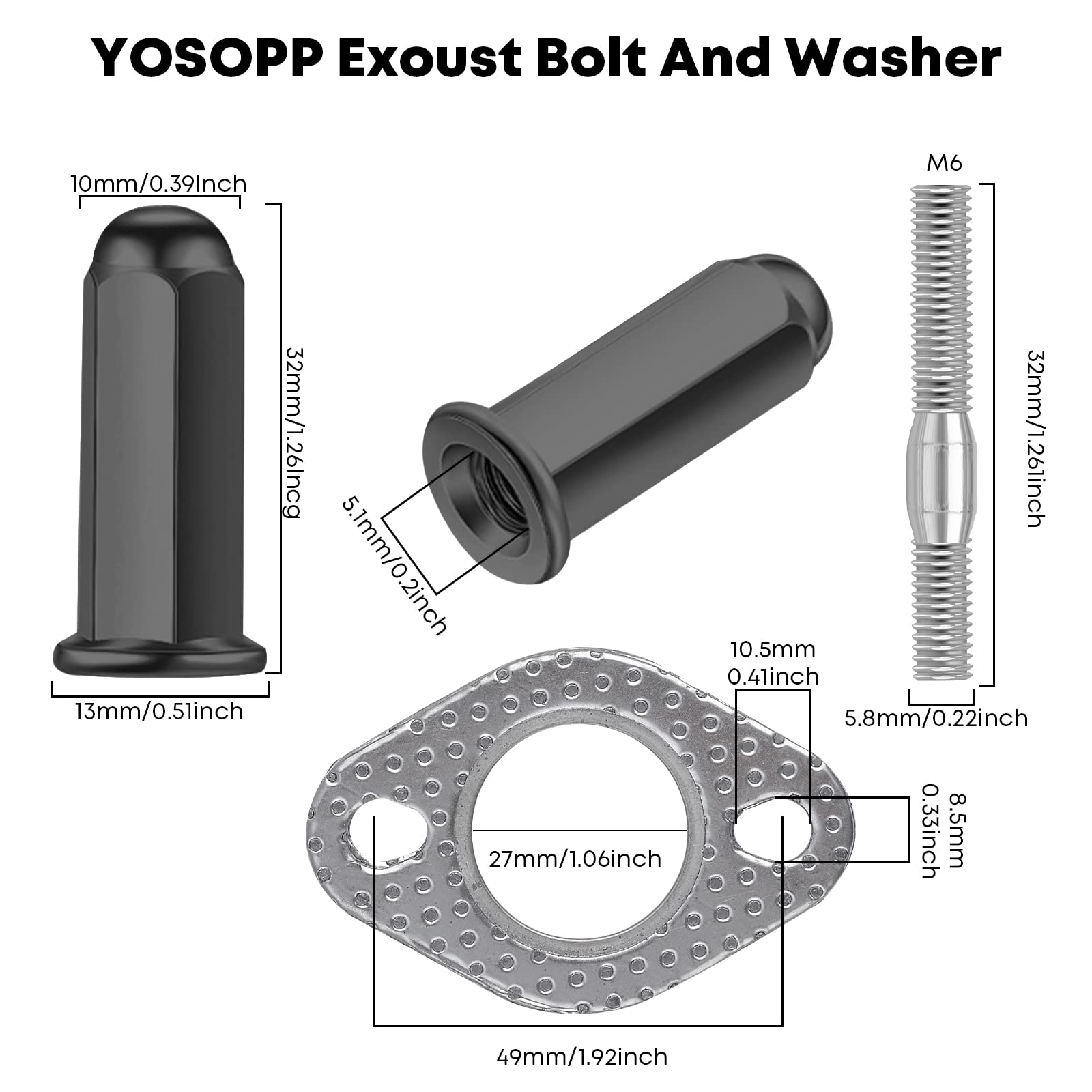 YOSOPP GY6 Exhaust Bolt Nuts Gasket for Scooters ATVs - GMB139 Engine Moped Quad 4 Wheeler Dune Buggy Go Karts - Taotao Sunl Coo