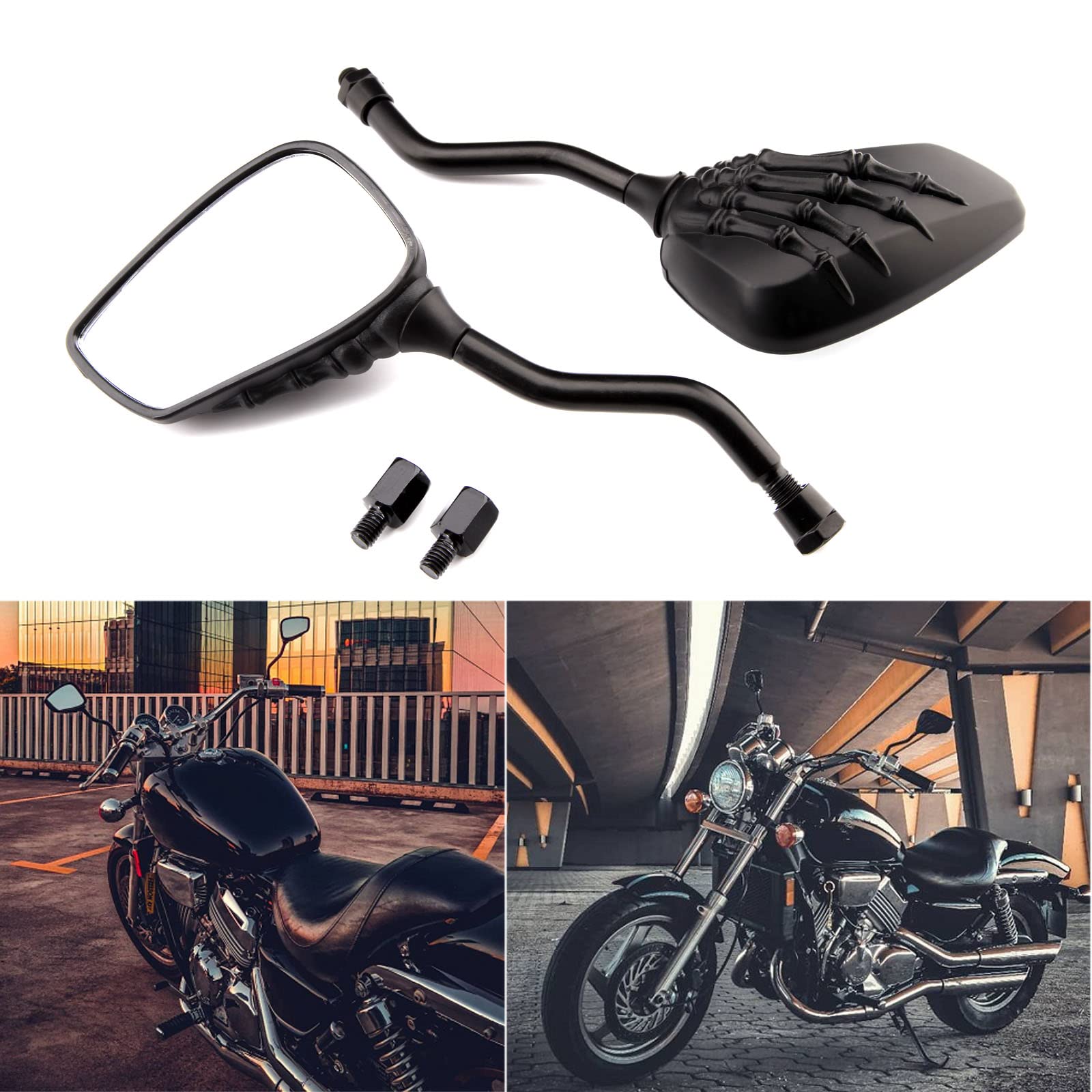 Black 8Mm/10Mm Motorcycle Skull Skeleton Rearview Side Mirrors For Scooter Chopper Bobber