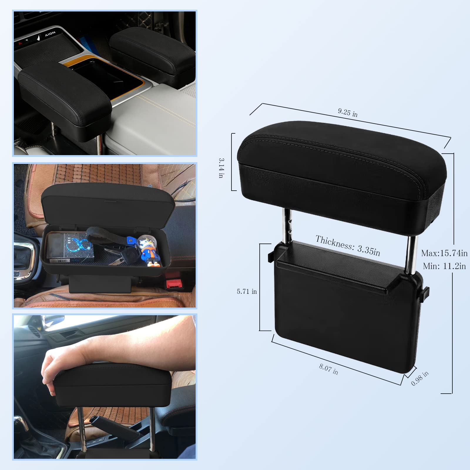 Cdefg Car Armrest Support Elbow Rest Pad Armrest Extender, Console Storage Organizer, Adjustable Height Comfort Wrist Rest Pads, Universal Fit For Most Car Models (Black Suede)