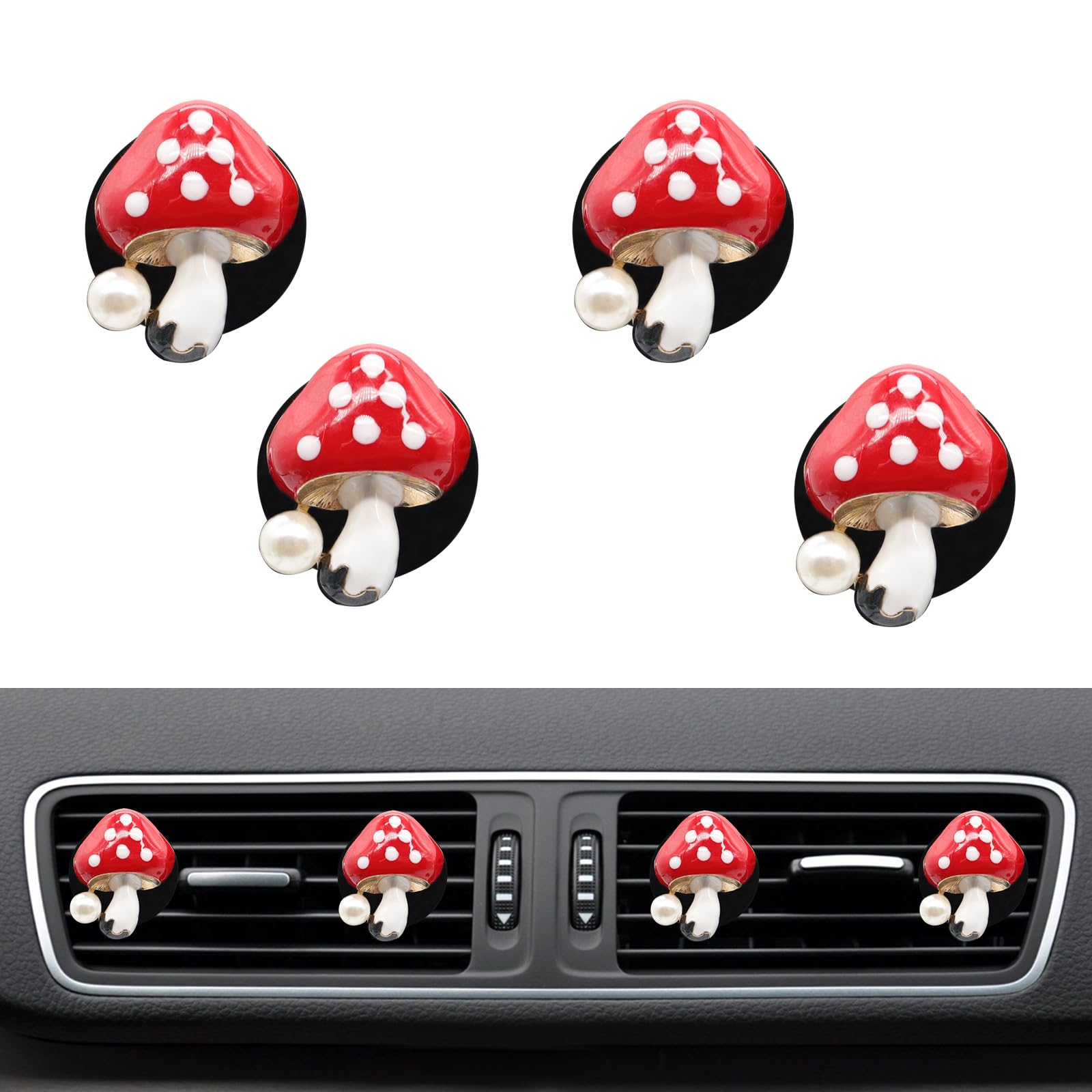 ORIESSE Cute Mushroom Car Air Freshener Vent Clips,4pcs Red Mushroon Refillable Car Air Freshener Decorative Clips Car Diffuser,