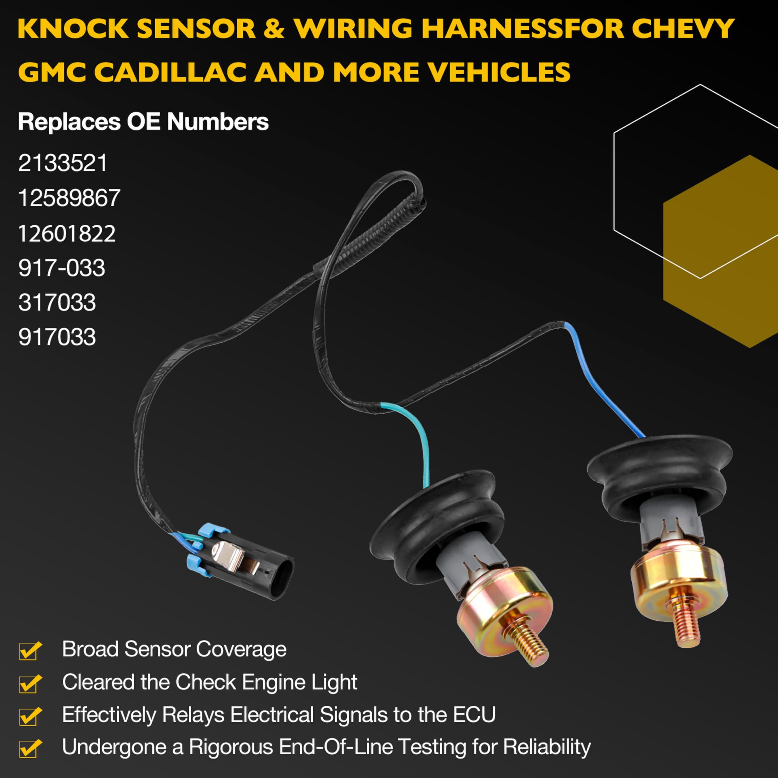 Gledewen Dual Knock Sensors Kit with Wiring Harness for GM Vehicles, Model 12601822, Stainless Steel, Fits Chevy Silverado, Tahoe, GMC Sierra