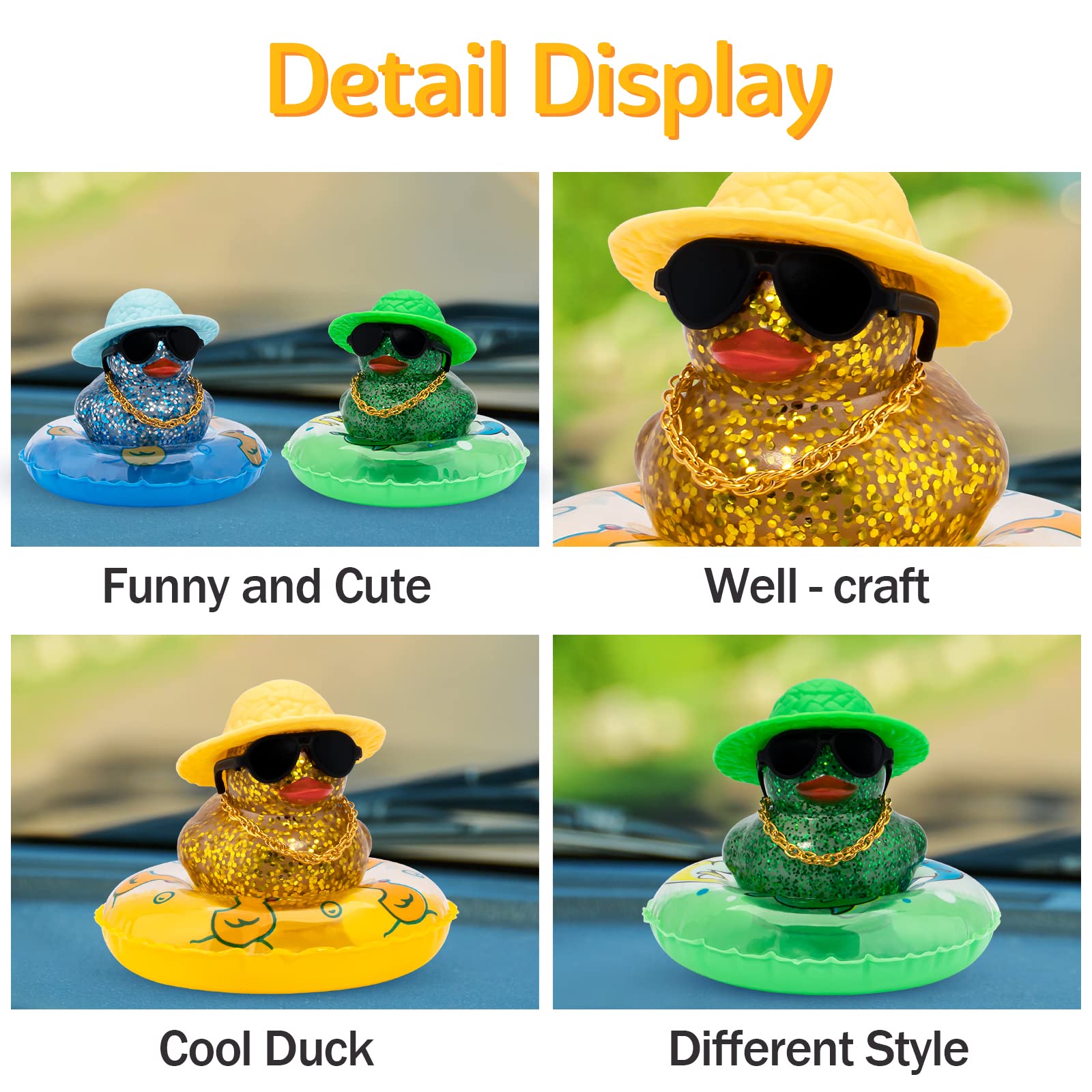 Wonuu Shining Rubber Ducks With Sunglasses Swim Ring Necklace Hat Glitter Cute Car Accessories Dashboard Decorations Car Duck De