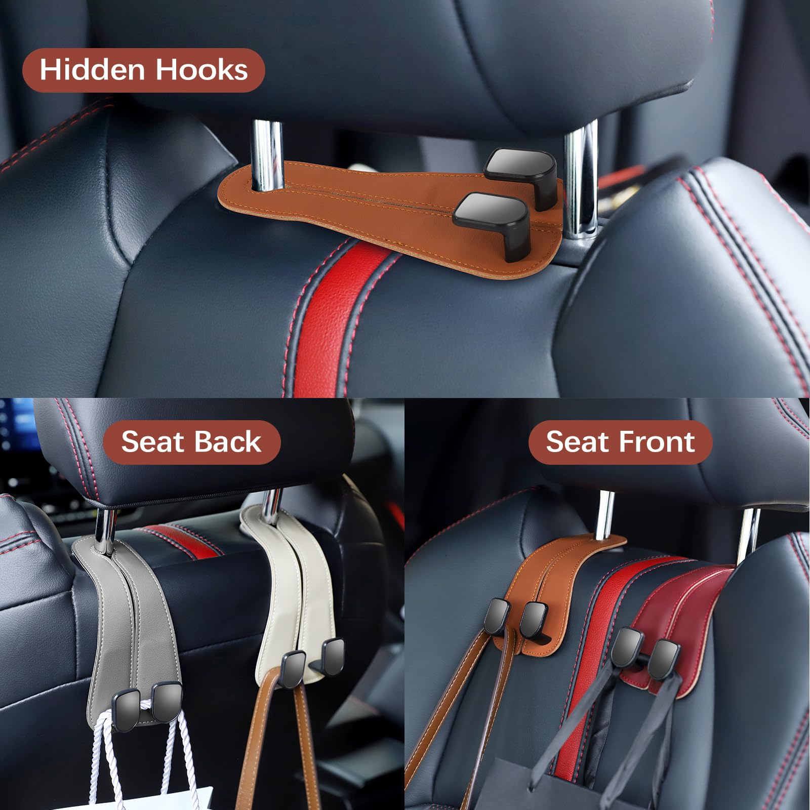 JOJOY LUX 2025 Automotive Seat Back Hooks,Leather Car Seat Hooks,Dual Headrest Organizer Hangers for Purses, Bags & Phones, 2 in