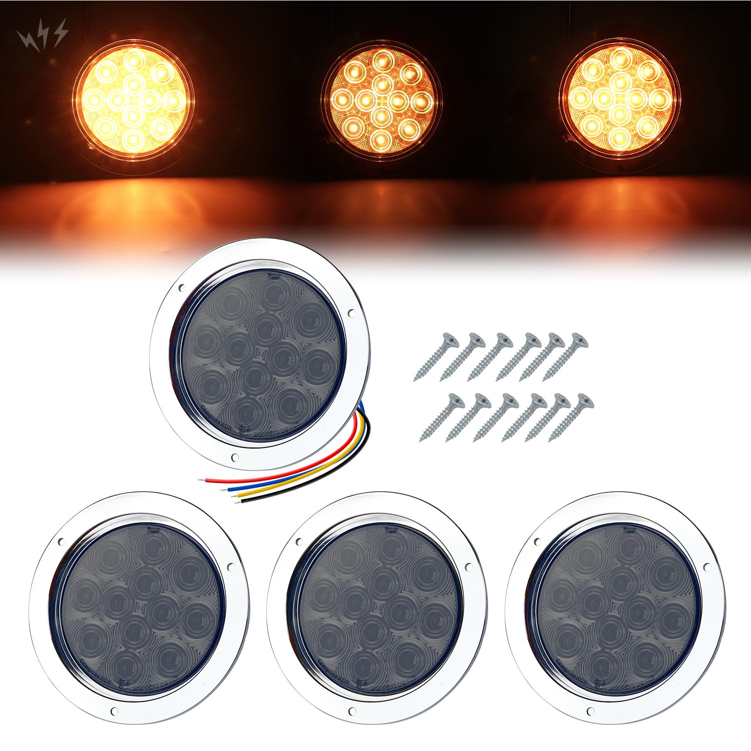 TMH (4 Pack 4 Inch Smoked Lens Amber LED Strobe Trailer Tail Lights, 12 LED Flush Mount, Chrome Bezel, Waterproof, Solid & Flash