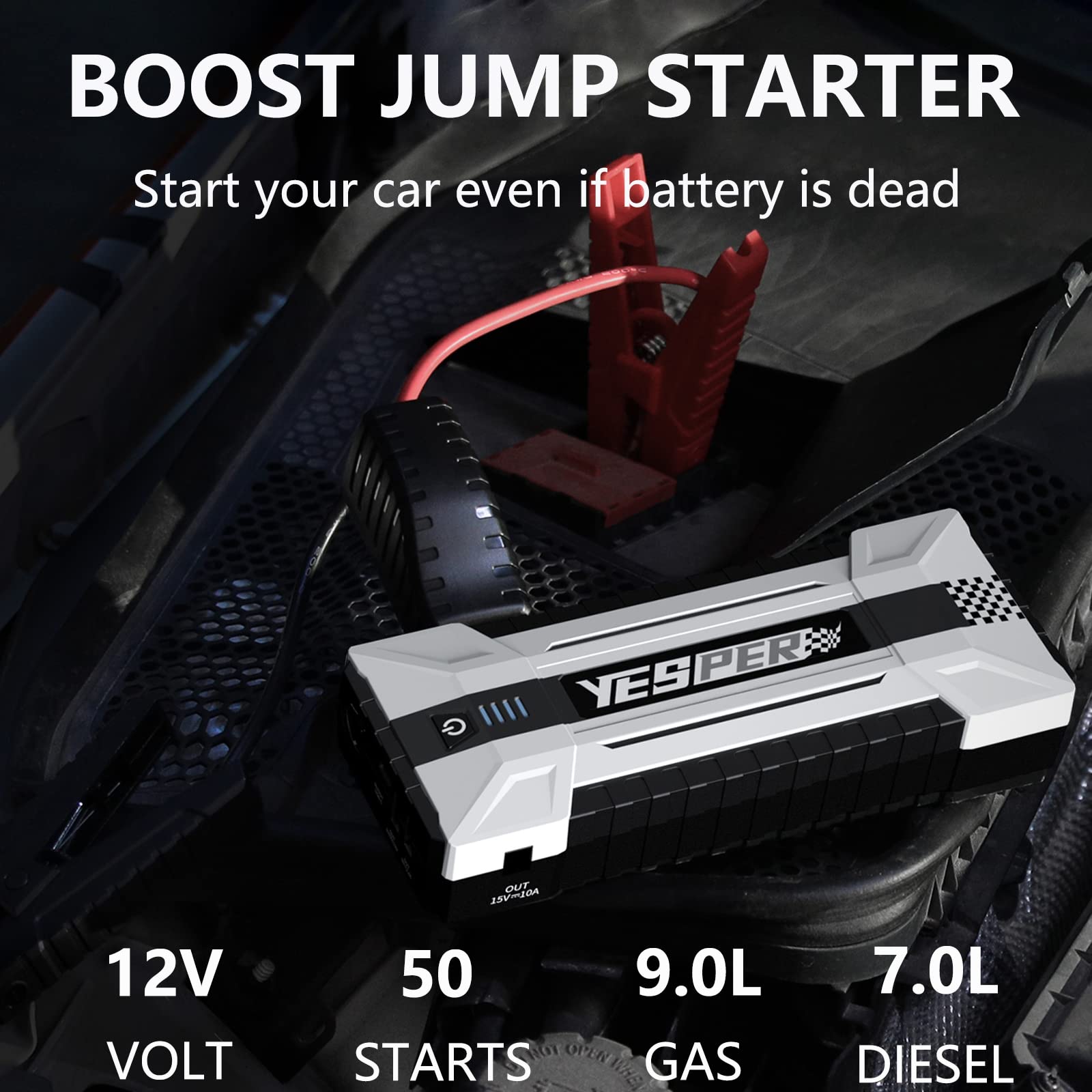 YESPER 2160A Battery Jump Starter, 12V Booster Pack for Gas/Diesel Engines, White, Model YJS20, Safe Tech Jumper Cables