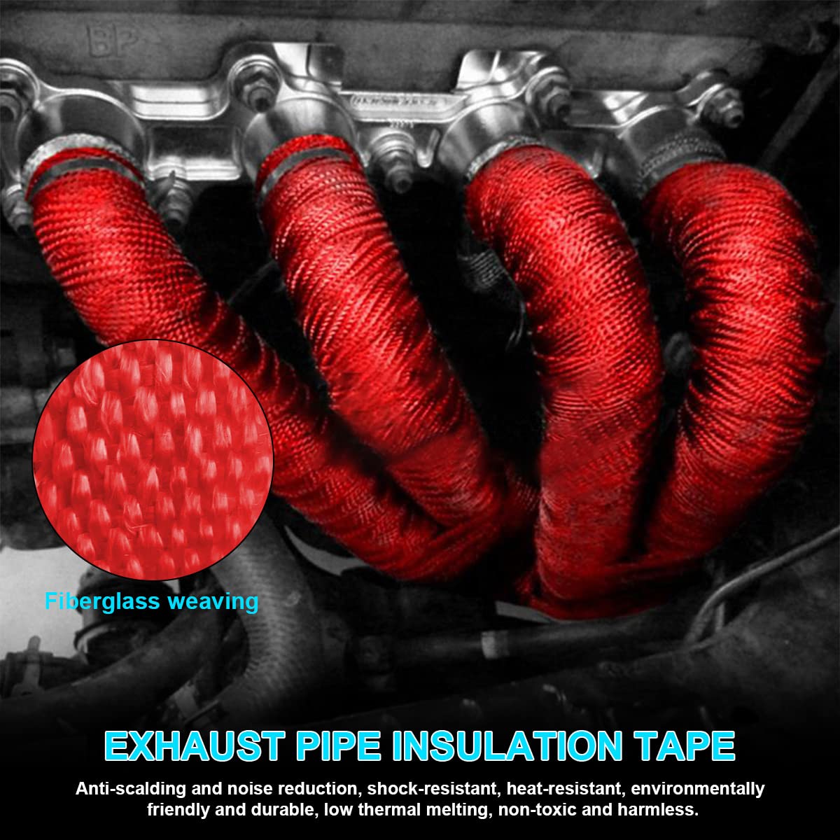BLAU GRUN Auto Exhaust Wrap - 16FT Titanium Fiberglass Heat Shield, Universal Motorcycle Protection, Red with 4 Stainless Ties