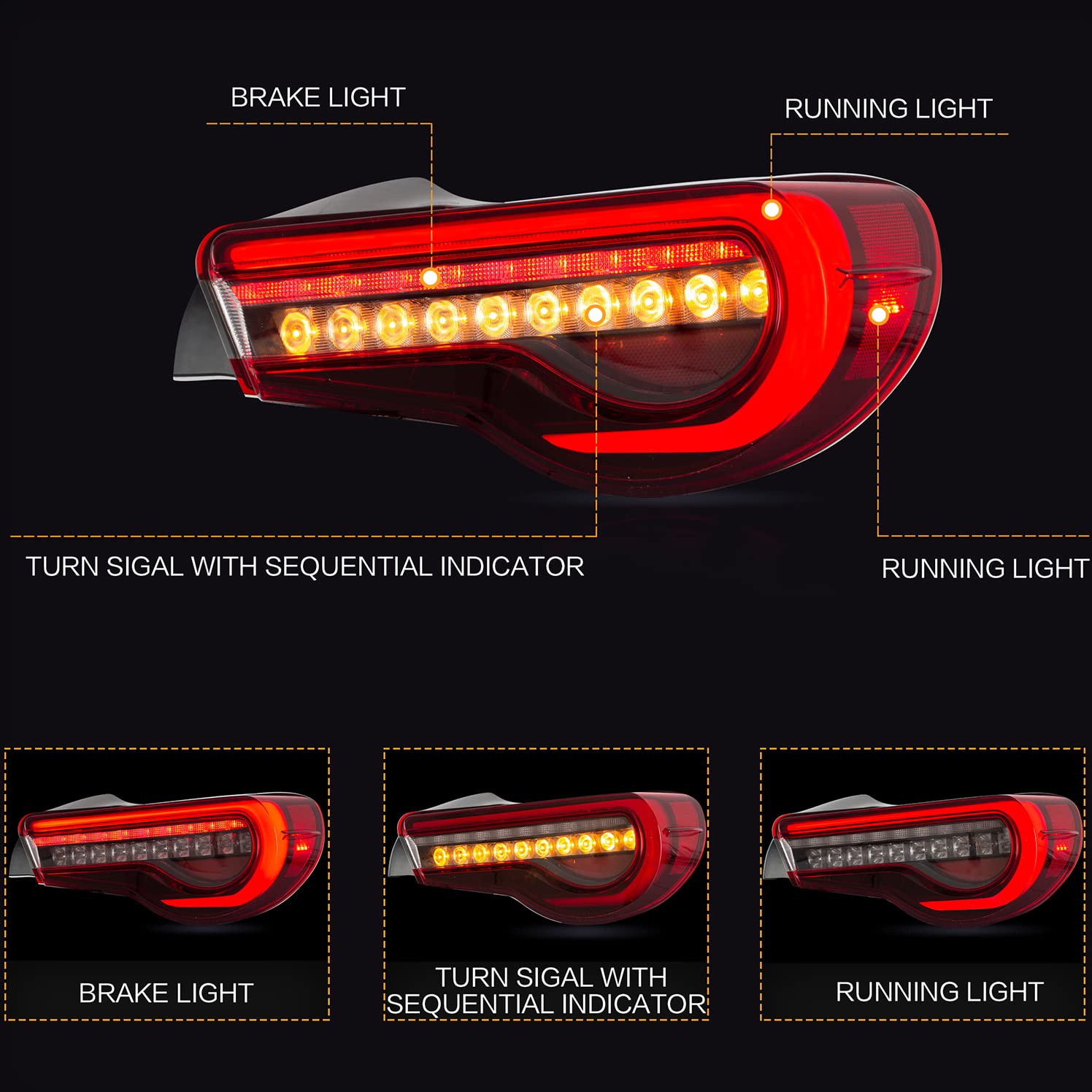 VLAND Tail Lights Assembly for Toyota 86/Subaru BRZ/Scion FRS, Tinted Red with DRL & Sequential Turn Signal, Upgraded Design