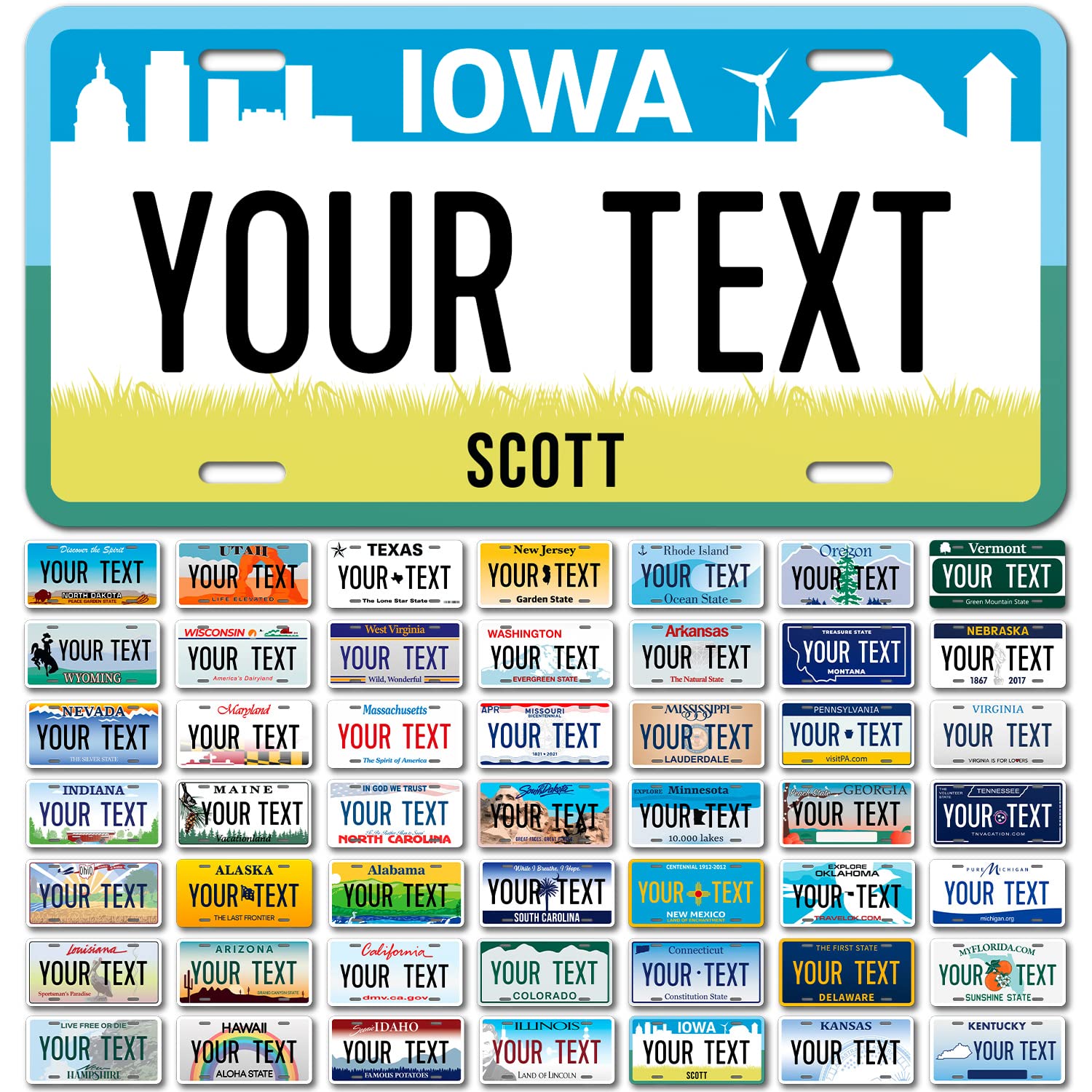 Custom Iowa, Mini License Plate, Personalized 50 States Fake License Plate For Front Of Car Sign, 3X6 Inches, Rust Free .040 Aluminum, Fade Resistant, Made In The Usa By Sigo Signs,