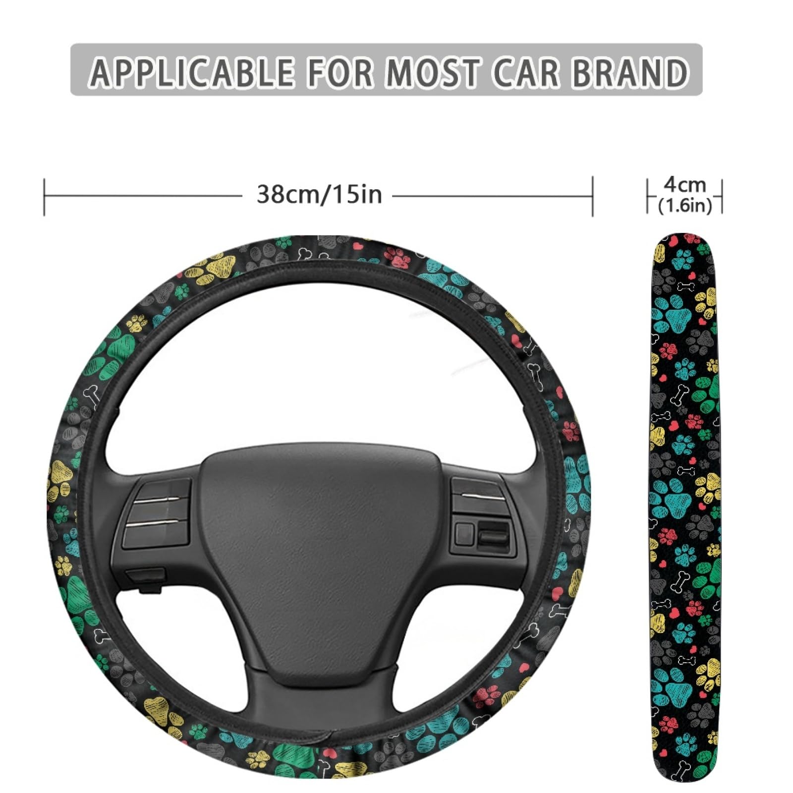 Afpanqz Puppy Paws Print Steering Wheel Protection Stretch-On Fabric Machine Washable Women Men Neoprene Automotive Steering Whe