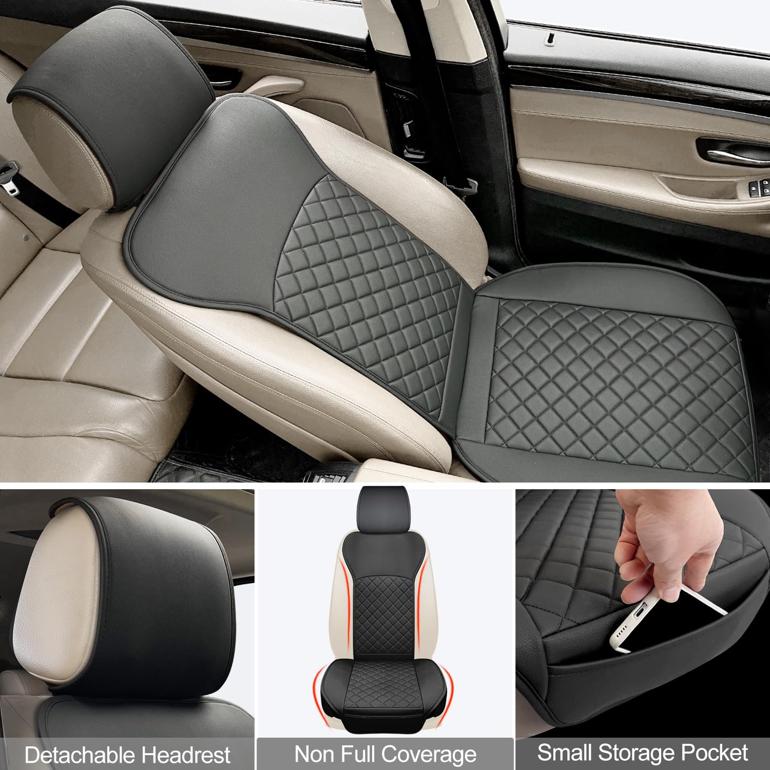 Beitk 2 Pack Leather Front Seat Covers, Universal Sideless Car Seat Protectors, Waterproof Automotive Seat Cover For Most Cars T