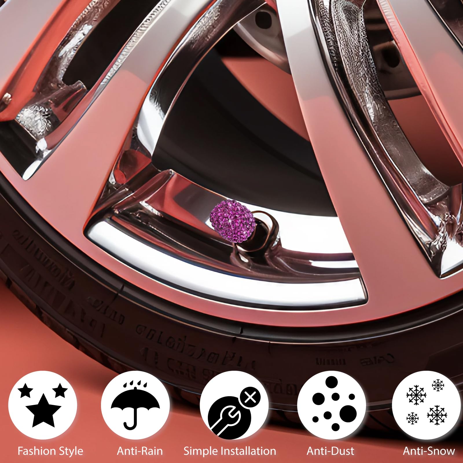 Meajoo 8Pcs Bling Crystal Diamond Tire Stem Valve Caps, Dustproof Universal Tire Valve Stem Covers For Cars, Suv, Trucks, Bikes,