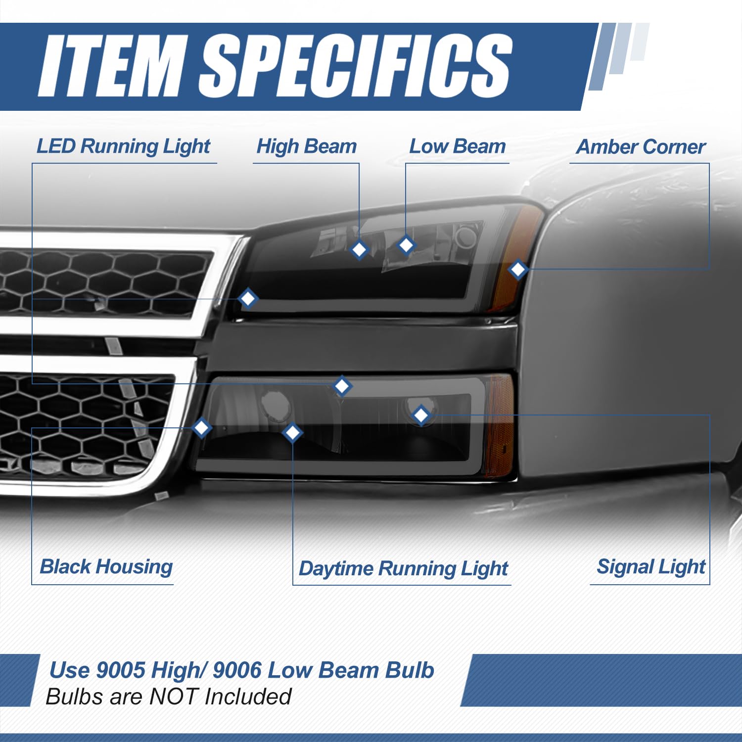 Auto Dynasty Headlight Assembly Halogen Headlamp With 3D Led Light Bar Compatible With Chevy Avalanche Silverado 1500-3500 2003-