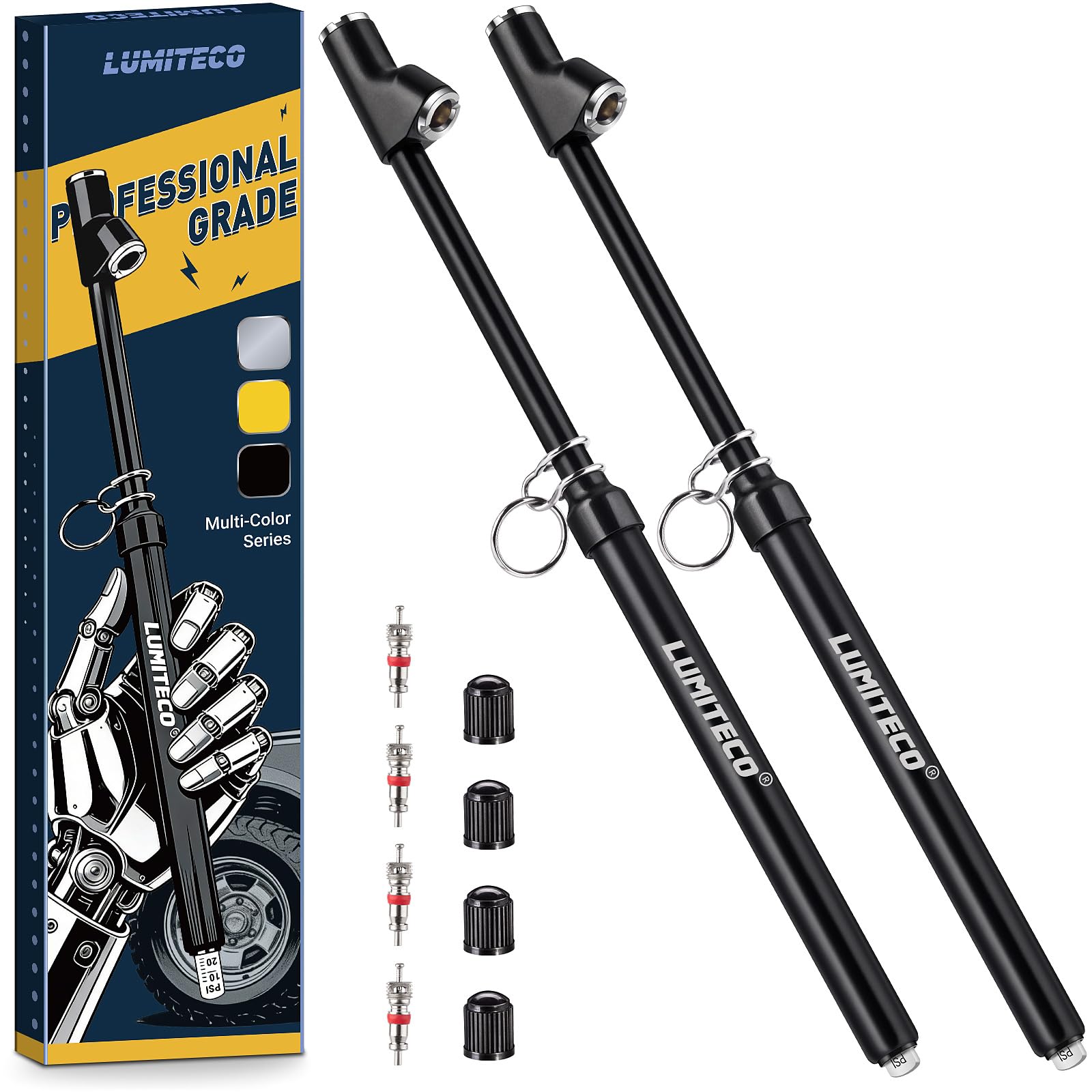 LUMITECO 2-Pack Dual Head Tire Pressure Gauge, Heavy Duty Truck Air Pressure Gauge Range 10-150 PSI, 1-10 Bar w/Valve Cores & Va