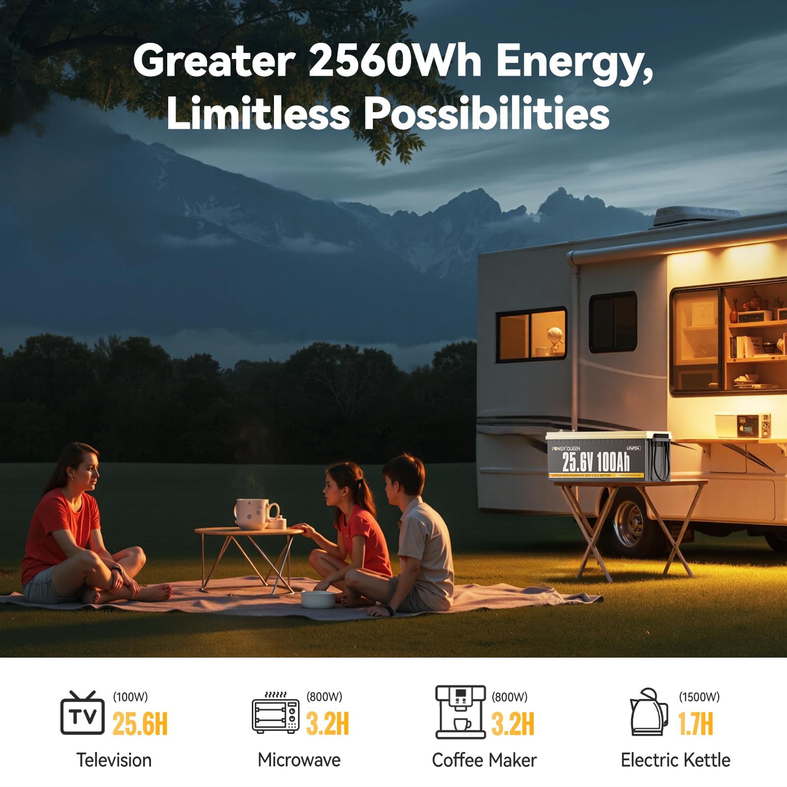 Power Queen 25.6V 100Ah Lifepo4 Battery, Built-In 100A Bms, 4000 To 15000 Cycles, 2.56Kw Max Load Power, 2.56Kwh Deep Cycle Batt