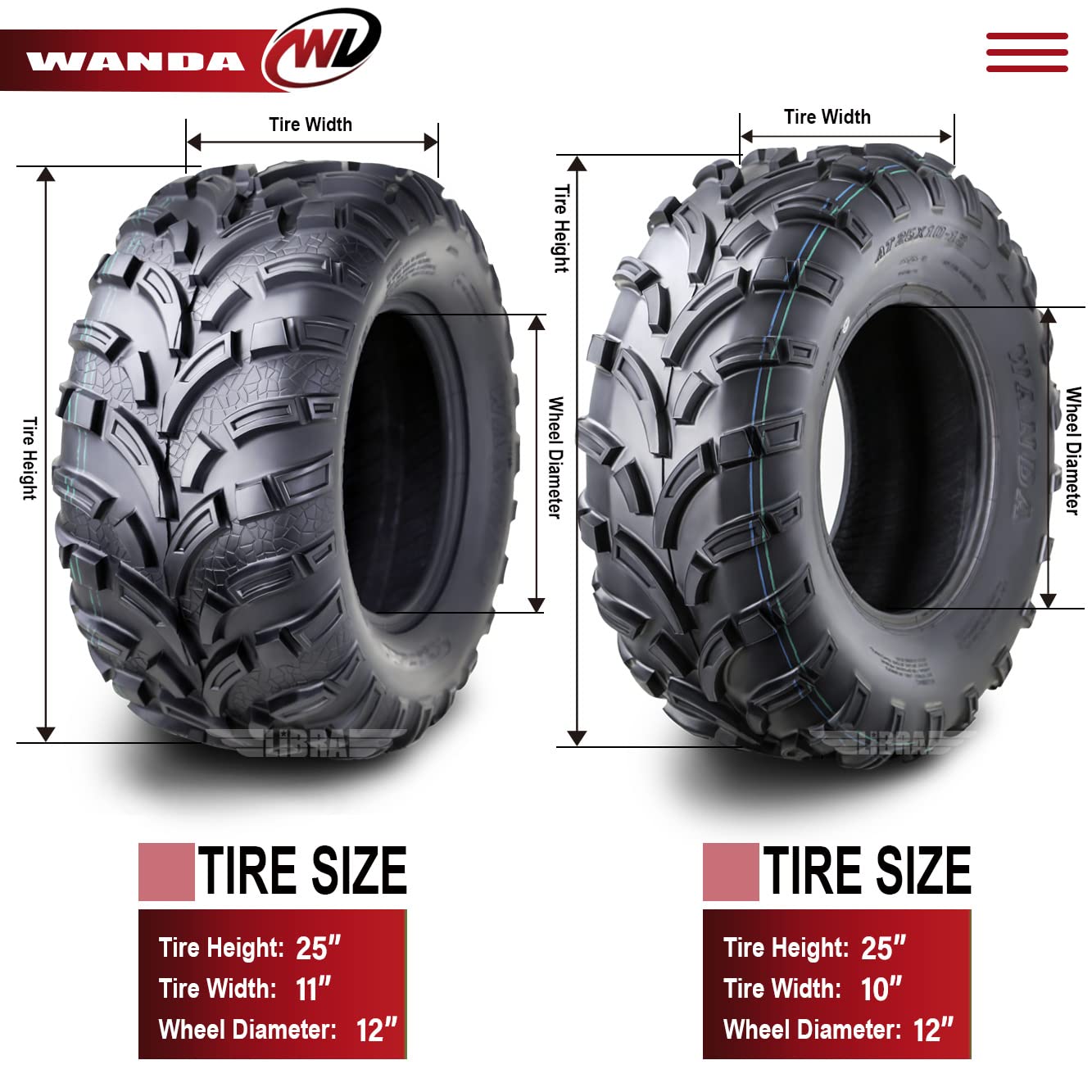 Wanda Set Of 4 New Atv/Utv Tires 25X10-12 Front & 25X11-12 Rear /6Pr P373 High Load Tires...